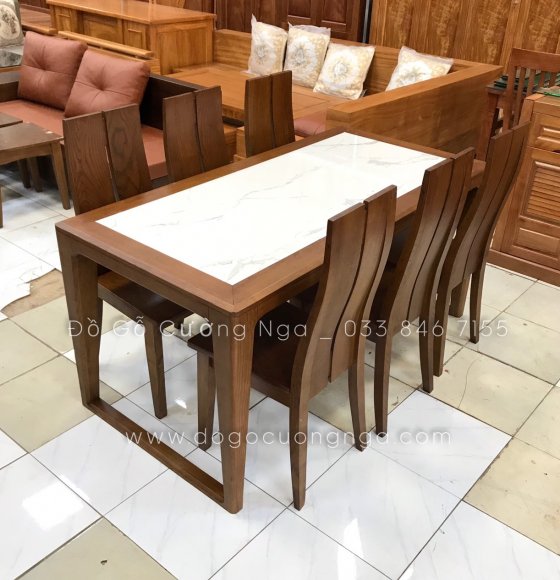 Bàn ăn gõ sồi 6 ghế mặt đá vân mây - chân vòng