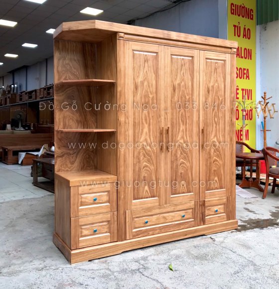 Tủ áo gỗ hương xám 3 cánh - kèm kệ trang trí 
