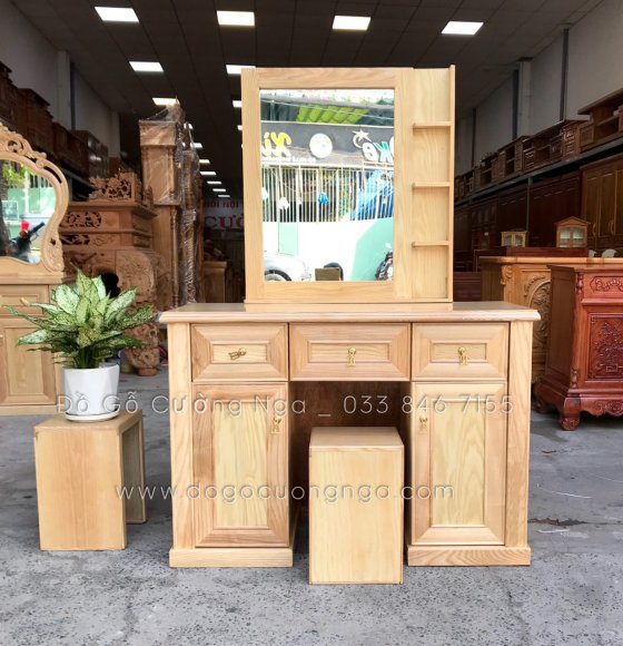 Bàn trang điểm gỗ sồi 1m - mẫu gương vuông đơn giản 