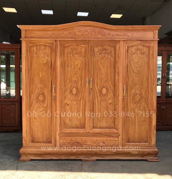 Tủ quần áo gỗ gõ đỏ 4 cánh - mẫu cánh trạm cao cấp 