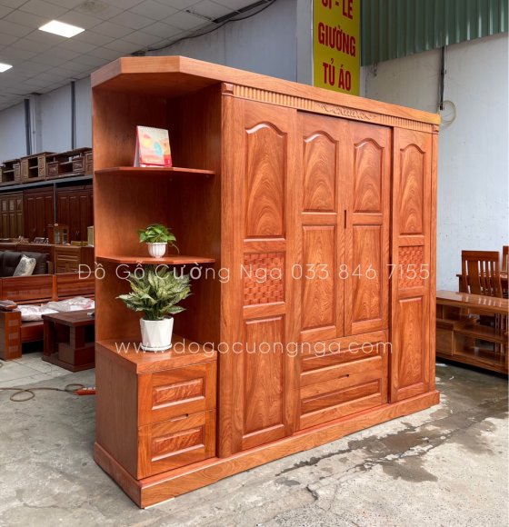 Tủ quần áo gỗ hương đá 4 cánh kèm kệ trang trí hiện đại 