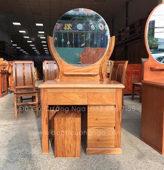 Bàn trang điểm gỗ hương xám 80cm - gương tròn đẹp 