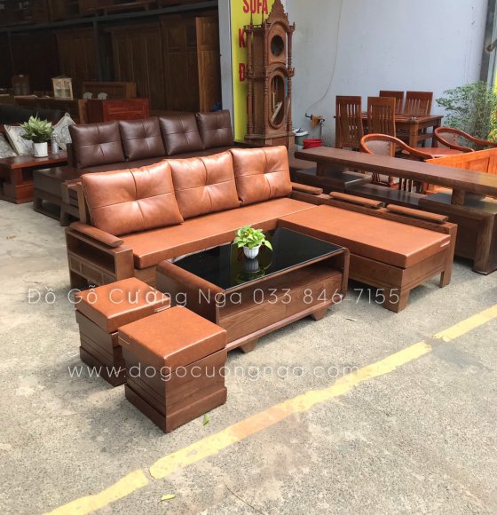 Bàn ghế sofa góc L gỗ sồi 2mx1m8 - màu óc chó kèm nệm 