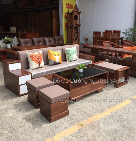 Bàn ghế sofa gỗ hiện đại sồi lau màu óc chó - ghế 1 văng 2m3