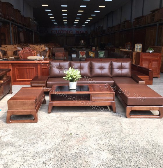 Bàn ghế sofa gỗ sồi - màu óc chó chân choãi 2m8x2m hiện đại 