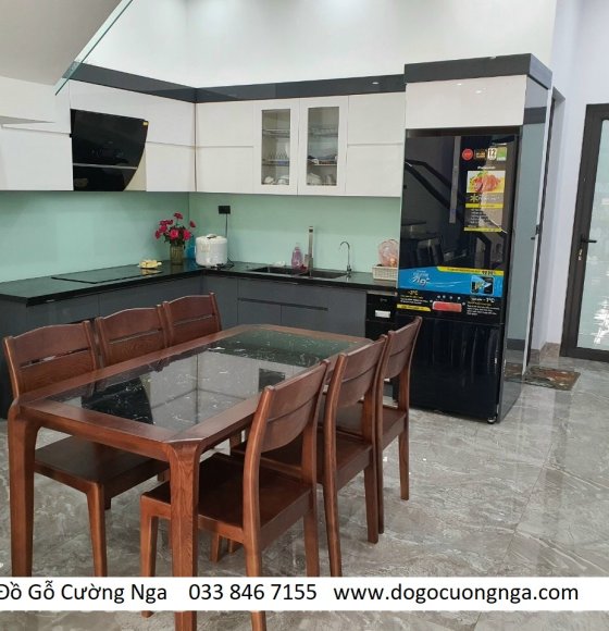 Bàn ăn 6 ghế gỗ sồi lau màu óc chó - mặt đá đen vân mây 