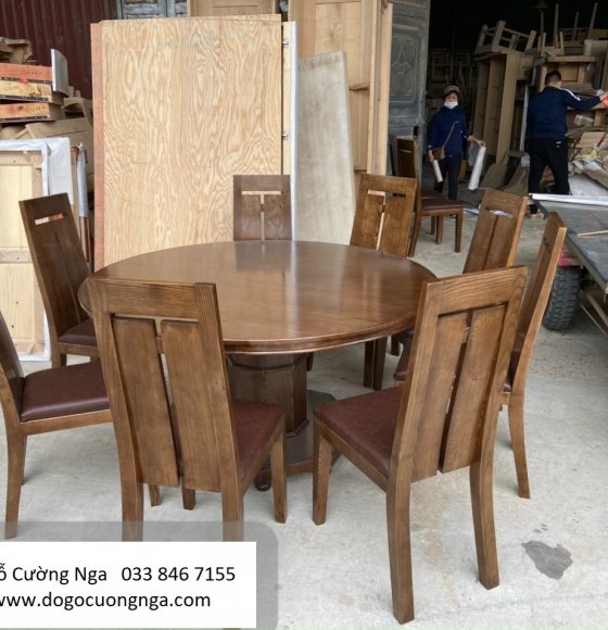 Bàn ăn tròn 8 ghế gỗ sồi nga lau màu óc chó - ghế bọc nệm