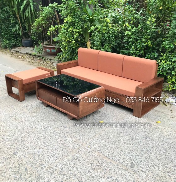 Ghế sofa văng gỗ sồi nga lau màu óc chó 2m hiện đại kèm nệm 
