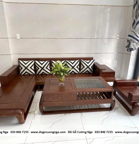 Ghế sofa gỗ sồi góc L màu óc chó - mẫu đùi gà 