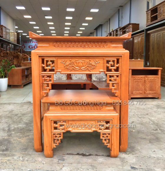 Bàn thờ gia tiên gỗ gõ đỏ mẫu án gian trạm sen 1m07