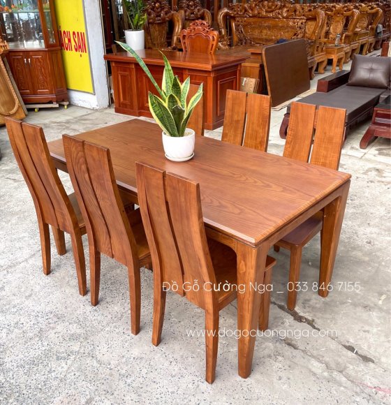 Bộ bàn ăn 6 ghế gỗ sồi hiện đại - lau màu óc chó cao cấp 