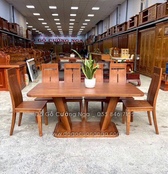 Bộ bàn ăn gỗ sồi lau màu óc chó 6 ghế - chân vòng hiện đại 