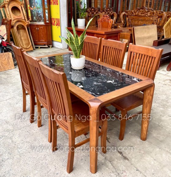 Bộ bàn ăn mặt đá gỗ sồi lau màu óc chó 6 ghế lan hiện đại 