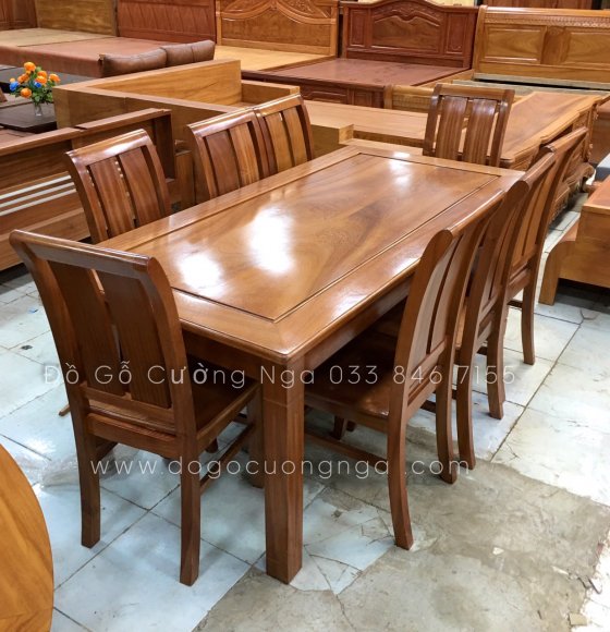 Bộ bàn ăn gỗ xoan đào 8 ghế mặt liền cao cấp 