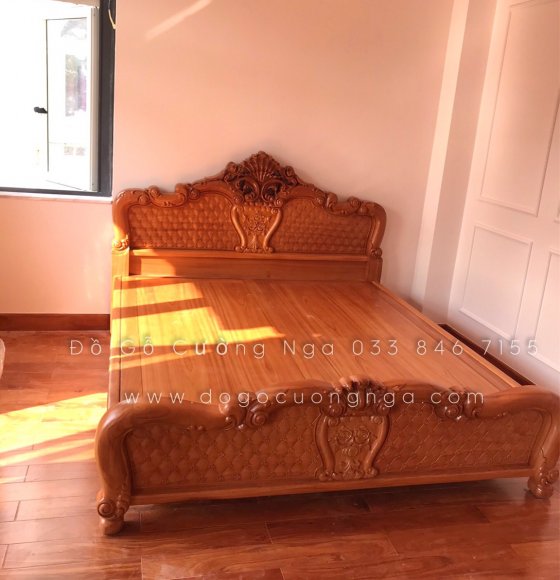 Giường gỗ gõ đỏ cao cấp - vạt phản liền mẫu hoa hồng 