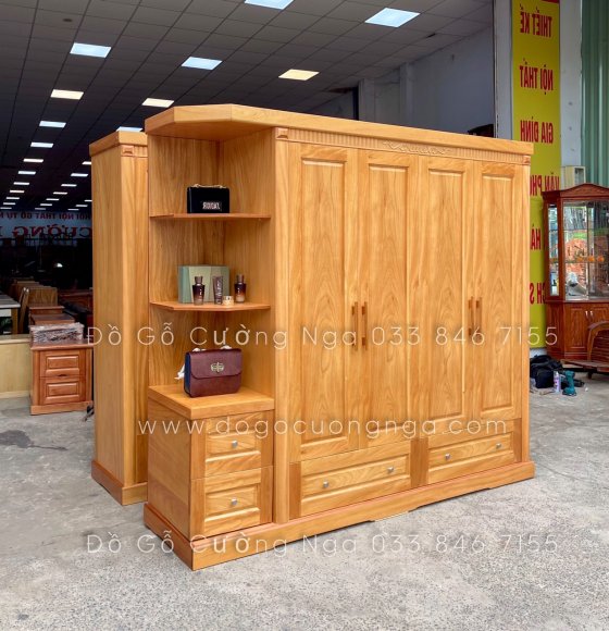Tủ quần áo gỗ gõ đỏ 4 cánh kèm góc trang trí 2m3 - vế trái 