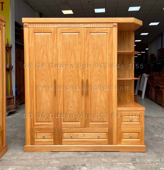Tủ quần áo gỗ gõ đỏ 3 cánh kèm kệ trang trí vế phải cao cấp 