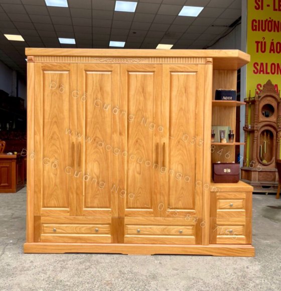 Tủ quần áo gỗ gõ đỏ 4 cánh  2m3 có kệ trang trí - vế phải 