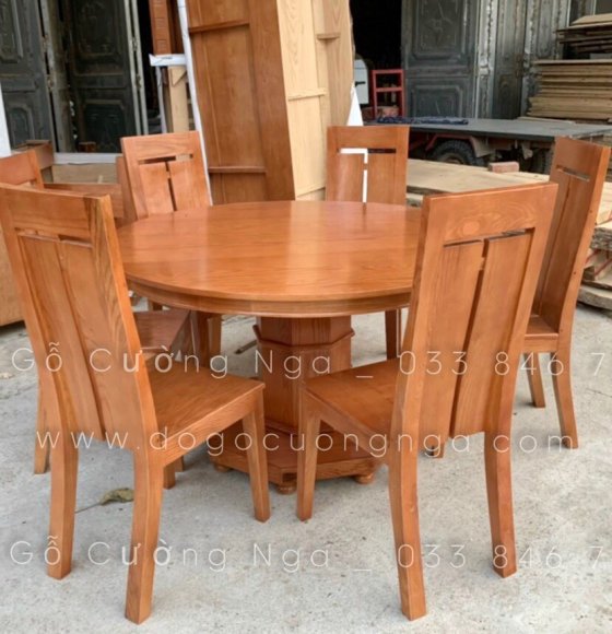 Bộ bàn ăn tròn gỗ sồi nga kèm mâm xoay hiện đại 