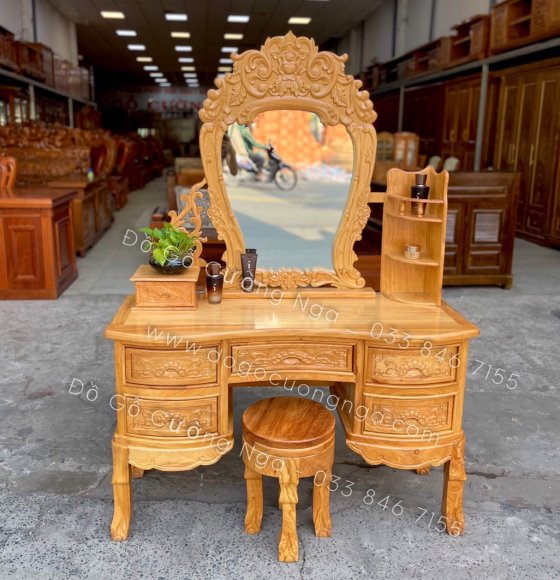 Bàn trang điểm gỗ gõ đỏ 1m1 mẫu hoa hồng - bàn cong 