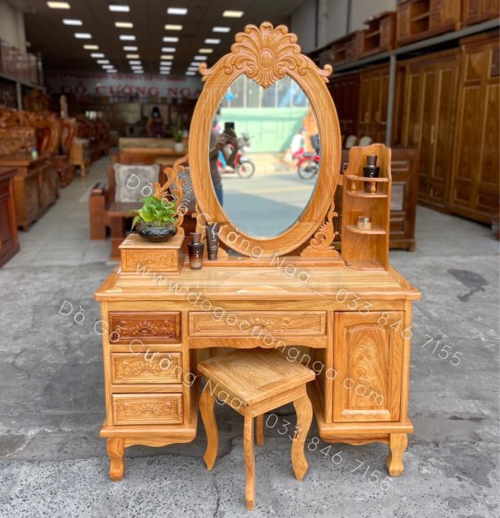 Bàn trang điểm gỗ gõ đỏ 1m1 đẹp - mẫu ô van 