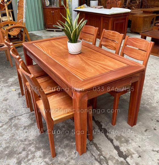 Bộ bàn ăn gỗ xoan đào 6 ghế - chân hươu soi ghế hai lá 