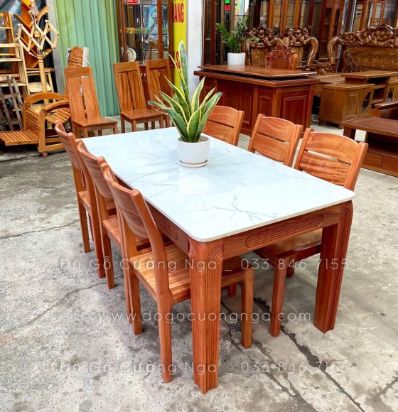 Bàn ghế ăn gỗ xoan đào mặt đá 6 ghế giá tốt 