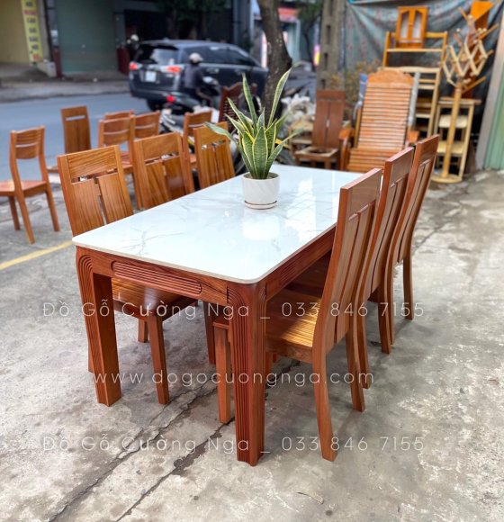 Bộ bàn ghế ăn gỗ xoan đào mặt đá 6 ghế 1m6 cao cấp 