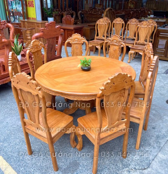 Bộ bàn ăn gỗ gõ đỏ tròn 1m4 8 ghế cao cấp - ghế vách liền 