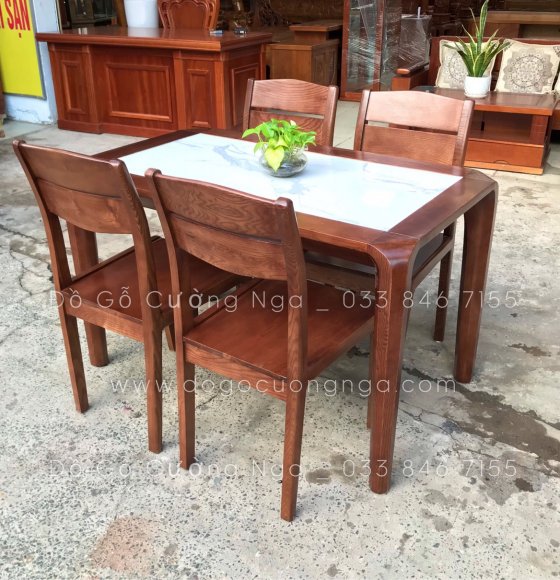 Bộ bàn ăn 4 ghế gỗ sồi màu óc chó - mặt đá trắng vân mây 