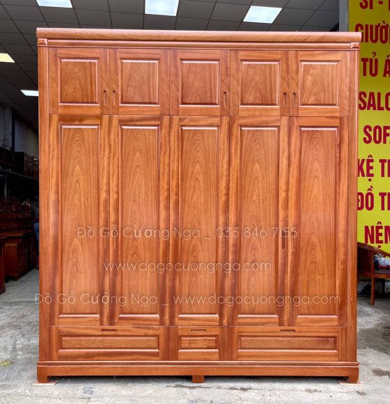Tủ quần áo gỗ xoan đào 5 cánh 2 tầng hiện đại đẹp 