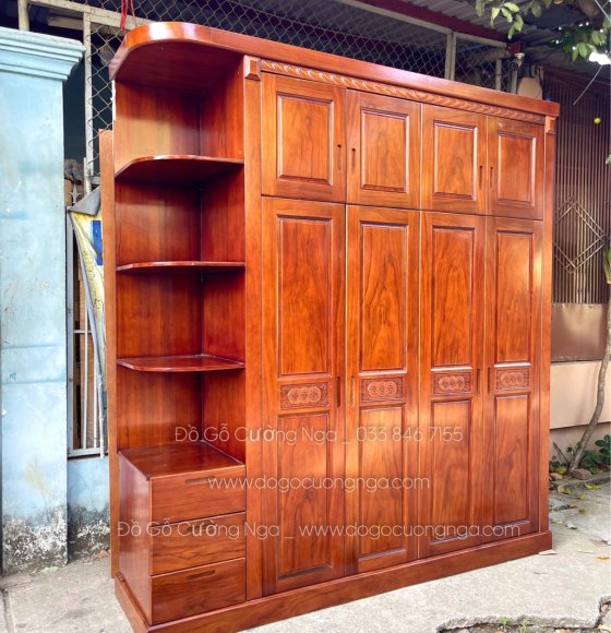 Tủ quần áo gỗ gõ đỏ 2 tầng 4 cánh kèm góc trang trí hiện đại 