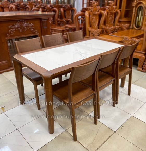 Bộ bàn ăn gỗ sồi nga lau màu óc chó - 6 ghế cao cấp 