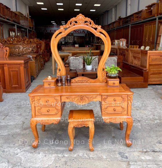 Bàn trang điểm gỗ gõ đỏ cao cấp 1m2 - mẫu nữ hoàng 