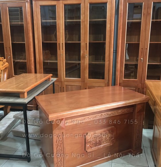 Bàn làm việc gỗ xoan đào 1m2 - mẫu hoa đây 