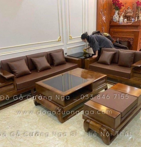 Bộ ghế sofa 2 văng gô sồi nga lau màu kèm nệm - mẫu đùi gà 