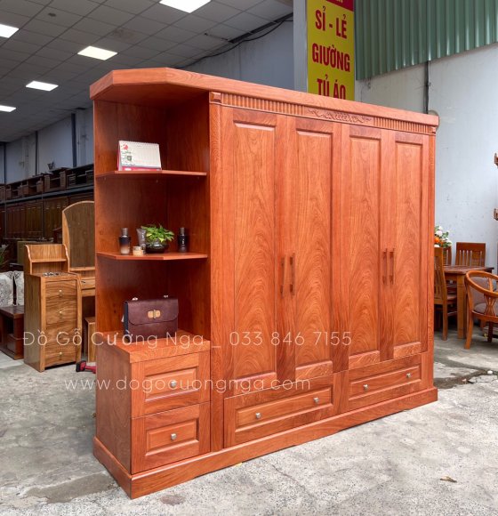 Tủ áo gỗ hương đá 4 cánh kèm kệ trang trí cao cấp 