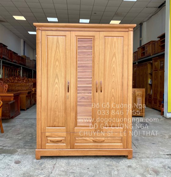 Tủ quần áo gỗ hương xám 3 cánh - lá sách 