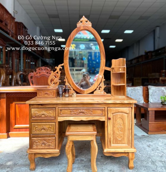 Bàn trang điểm gỗ gõ đỏ 1m1 - mẫu ovan 