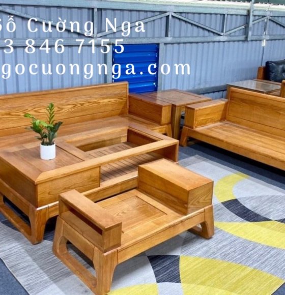 Bộ ghế sofa gỗ sồi nga lau màu gõ đỏ kiểu chữ u hiện đại 