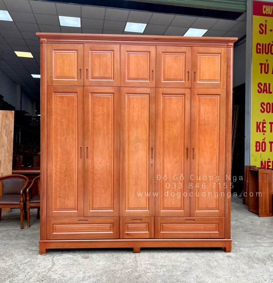 Tủ quần áo gỗ xoan đào 5 cánh cao cấp 2 tầng - cánh soi 