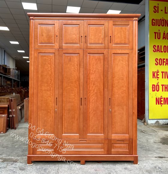 Tủ quần áo gỗ xoan đào 4 cánh - 2 tầng mẫu đơn giản 