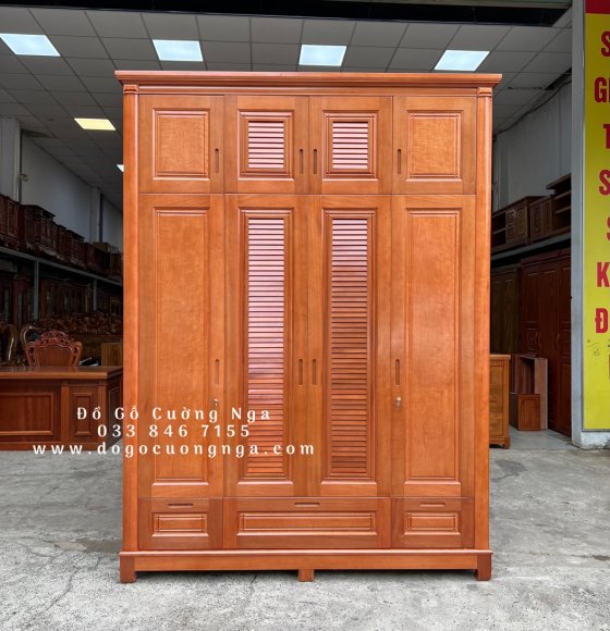 Tủ quần áo gỗ xoan đào 4 cánh 2 tầng - mẫu lá sách 