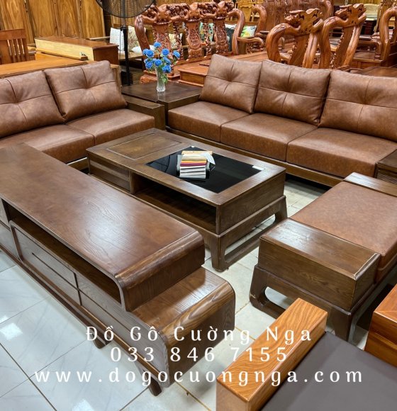 Combo phòng khách sofa gỗ sồi nga kèm nệm - kệ tivi rút 
