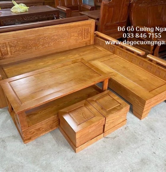 Bàn ghế sofa góc L gỗ sồi nga 2mx1m8 tựa cảnh - lau màu gõ đỏ 