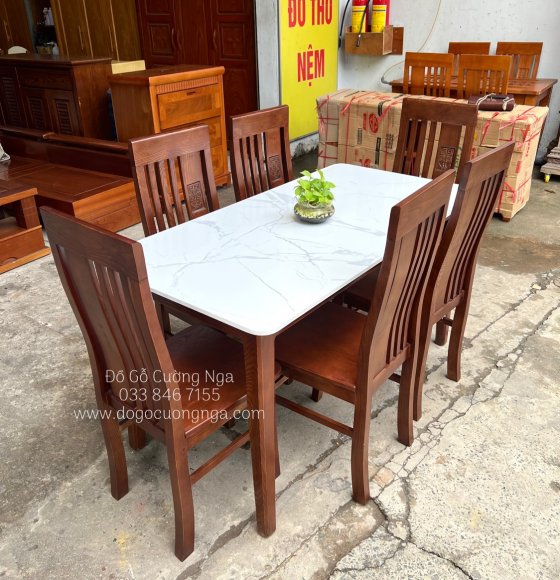 Bộ bàn ăn mặt đá 6 ghế gỗ sồi nga - lau màu óc chó 