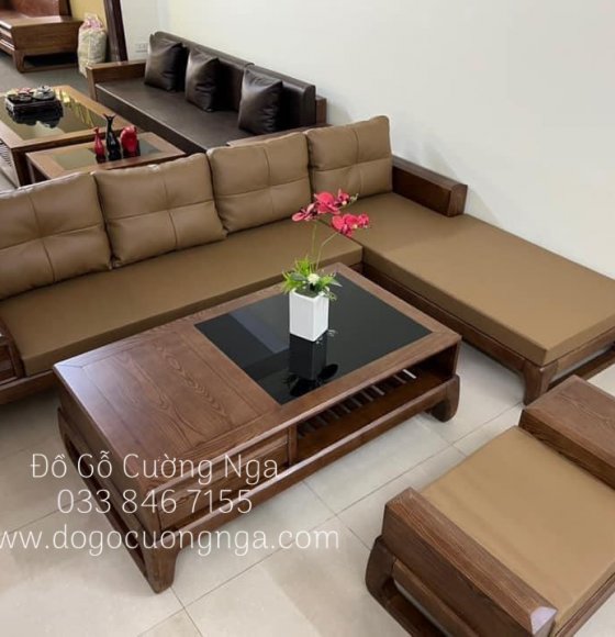 Ghế sofa góc L gỗ sồi nga 2m8x1m8 - chân choãi kèm nệm 