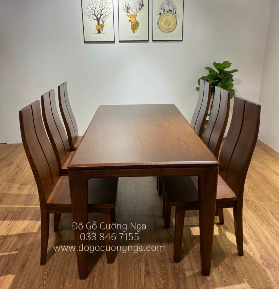 Bộ bàn ghế ăn gỗ sồi nga 6 ghế lau màu óc chó chuẩn đẹp