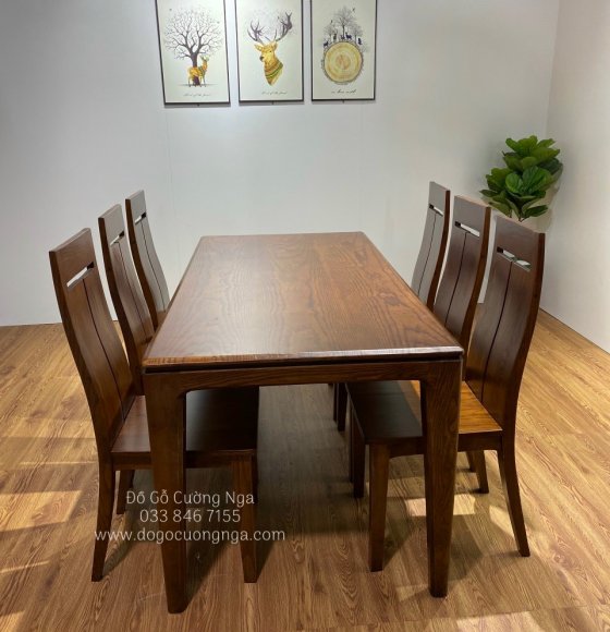 Bộ bàn ghế ăn gỗ sồi nga lau màu óc chó - 6 ghế chữ T hiện đại 