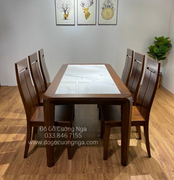 Bộ bàn ăn gỗ sồi nga lau màu óc chó 6 ghế đẹp - chân hươu đá 